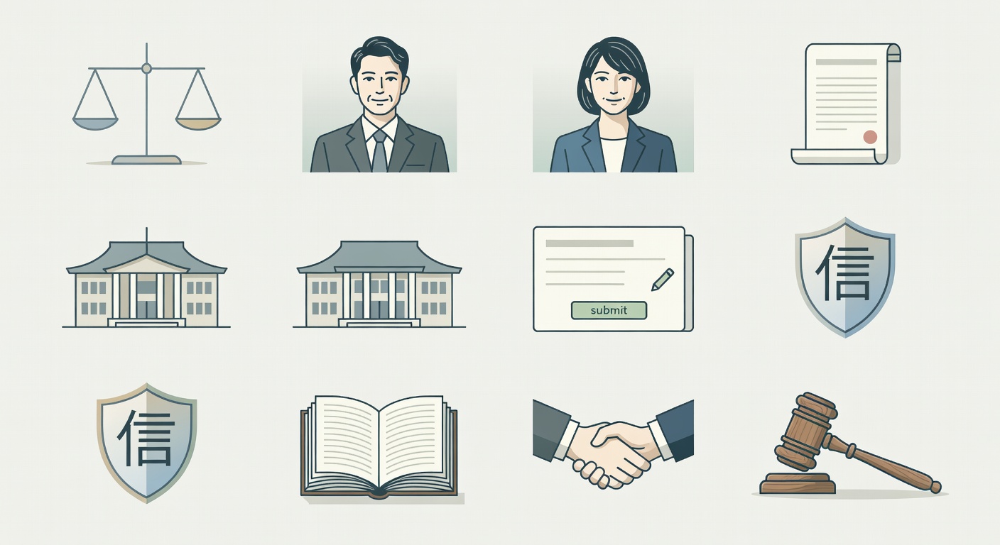 法律書籍と相談の様子